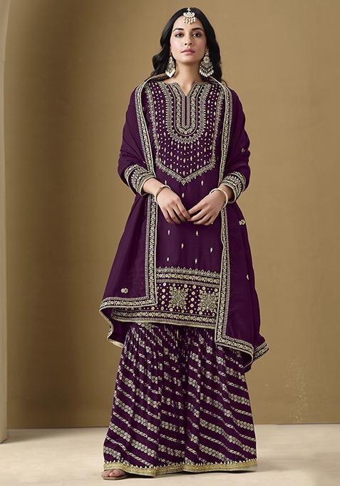 Purple Embroidered Art Silk Sharara Set