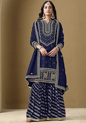 Navy Blue Embroidered Art Silk Sharara Set