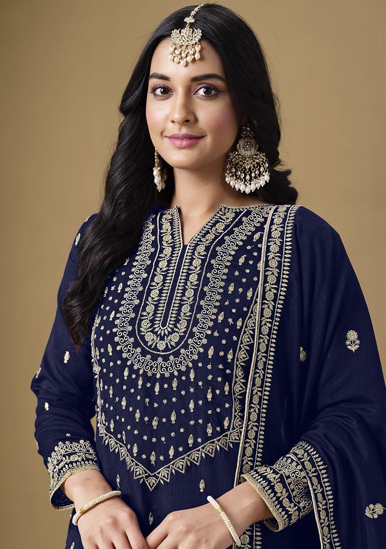 Navy Blue Embroidered Art Silk Sharara Set