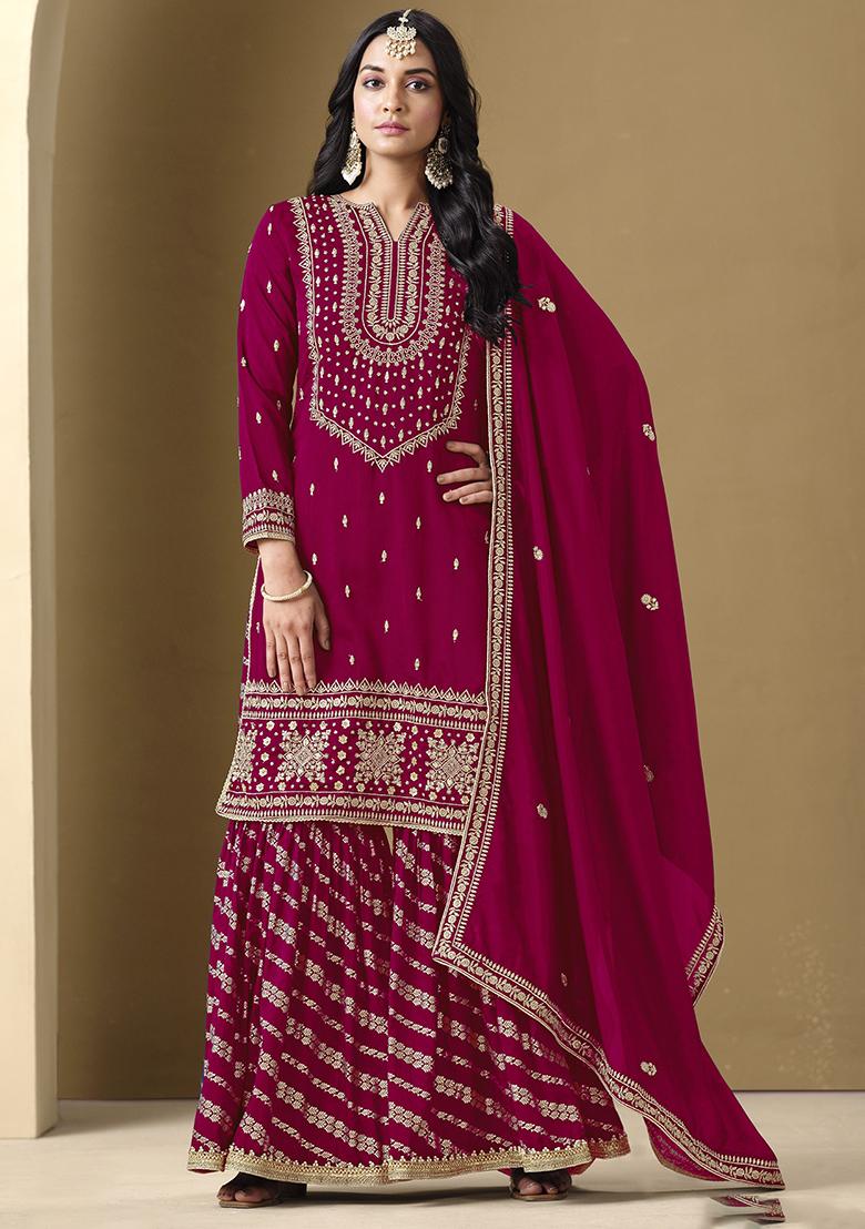 Rani Pink Embroidered Art Silk Sharara Set