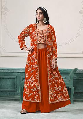 Orange Embroidered Georgette Fusion Set