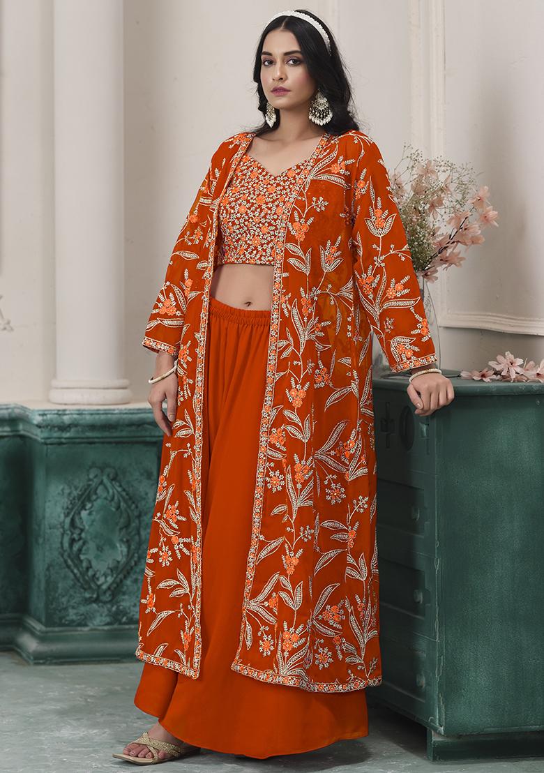 Orange Embroidered Georgette Fusion Set