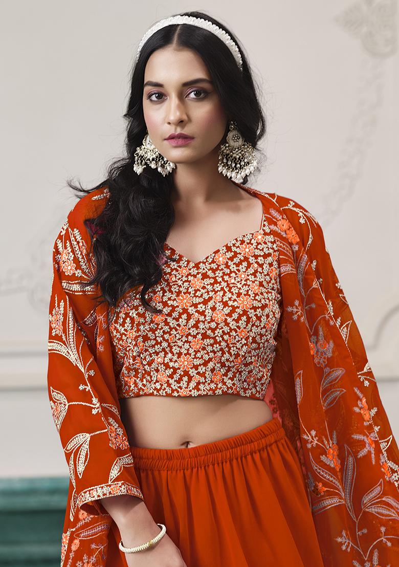 Orange Embroidered Georgette Fusion Set