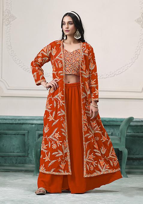Orange Embroidered Georgette Fusion Set