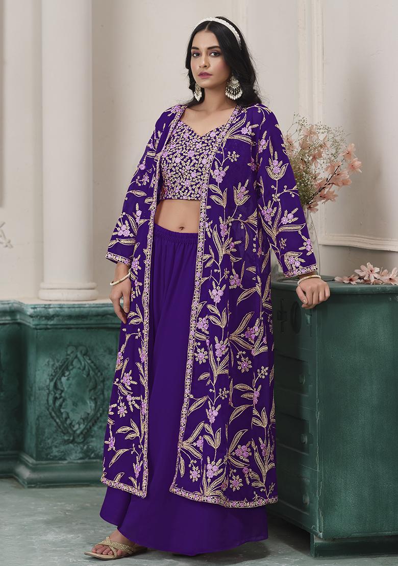 Purple Embroidered Georgette Fusion Set