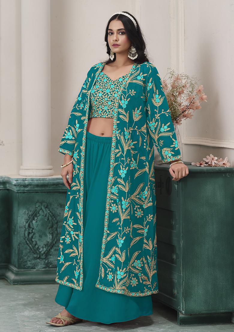 Turquoise Blue Embroidered Georgette Fusion Set