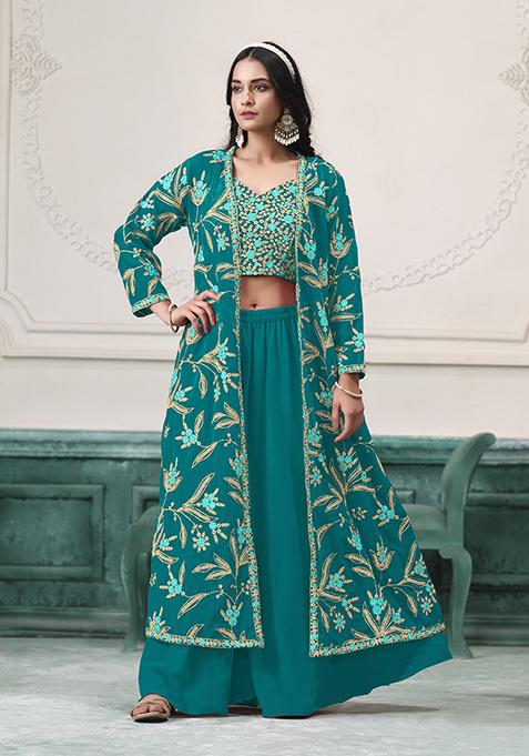 Turquoise Blue Embroidered Georgette Fusion Set