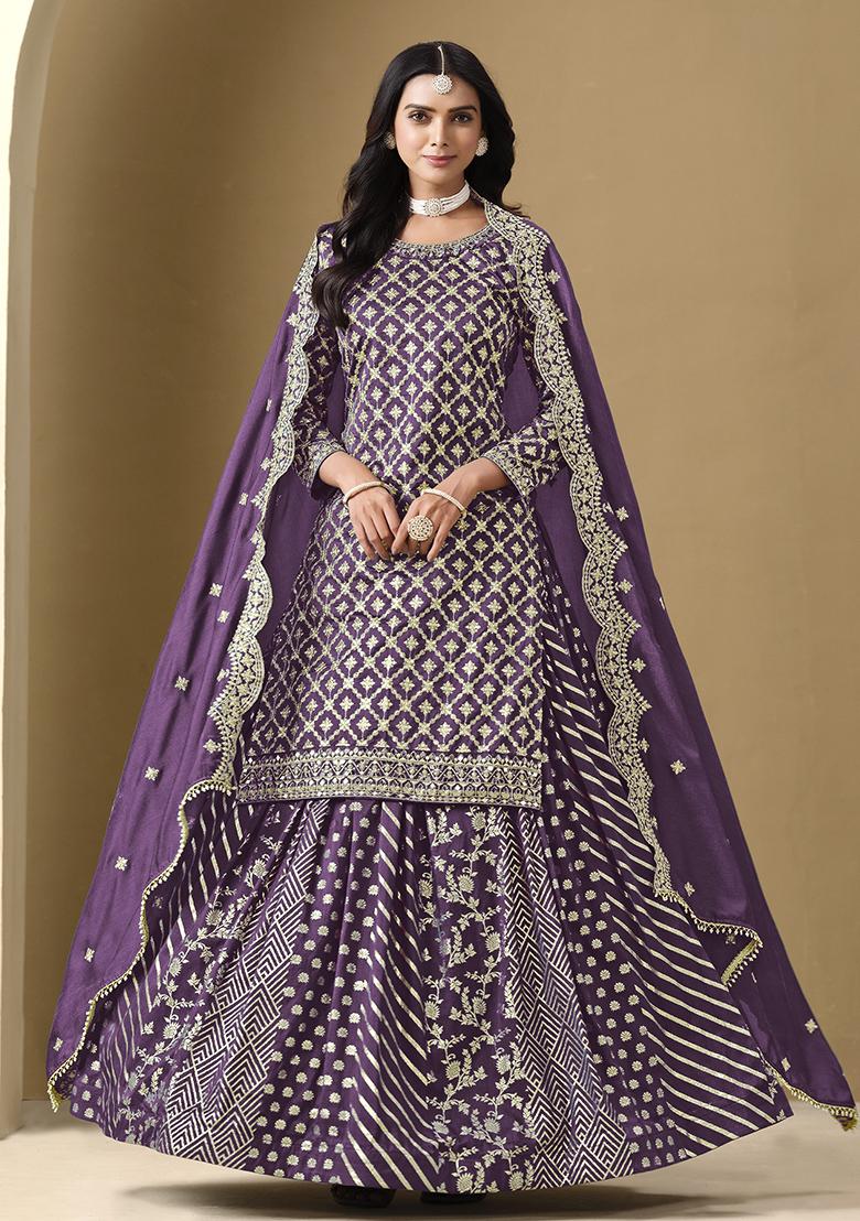 Lavender Embroidered Art Silk Sharara Set