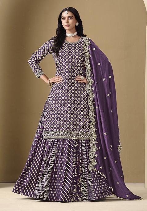 Lavender Embroidered Art Silk Sharara Set