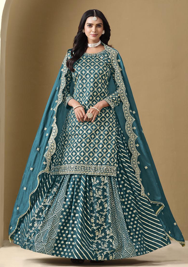 Purple Embroidered Art Silk Sharara Set