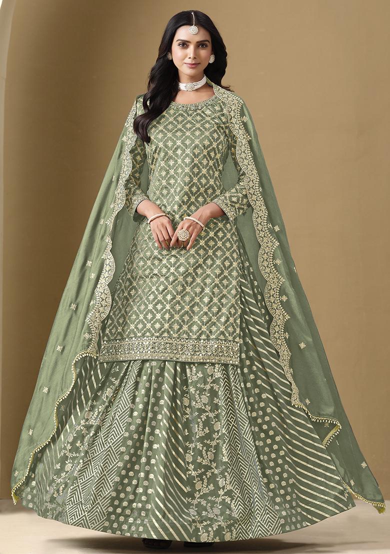 Light Green Embroidered Art Silk Sharara Set