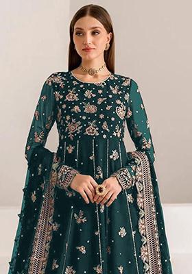 Teal Green Embroidered Georgette Anarkali Set
