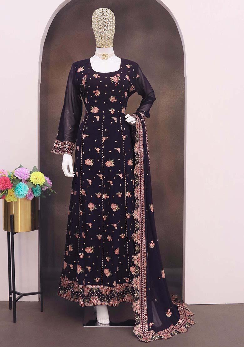 Purple Embroidered Georgette Anarkali Set