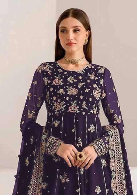 Purple Embroidered Georgette Anarkali Set