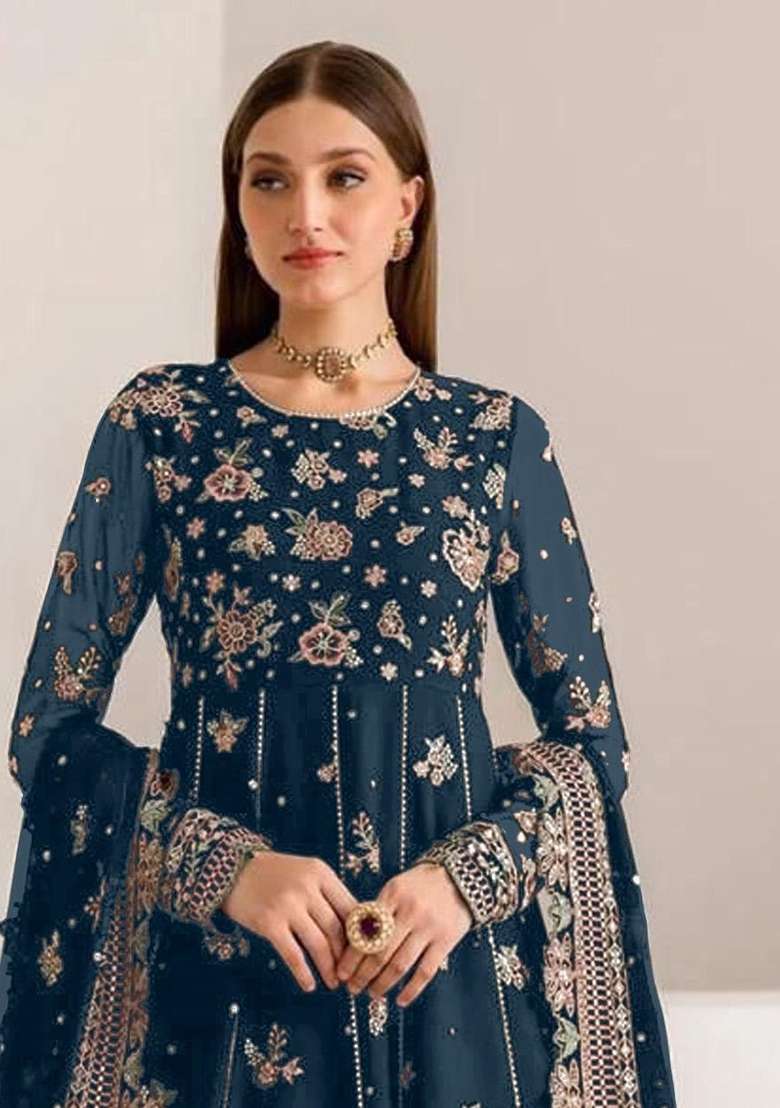 Navy Blue Embroidered Georgette Anarkali Set - Indya
