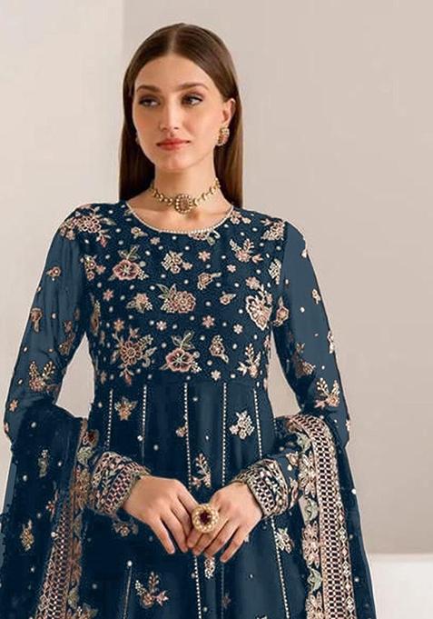 Navy Blue Embroidered Georgette Anarkali Set