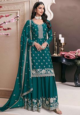 Teal Blue Embroidered Chinon Salwar Kameez
