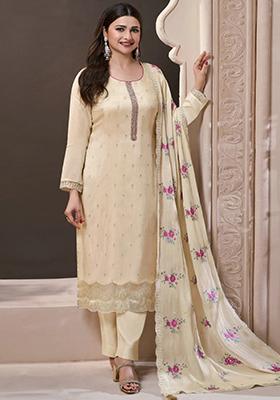 Off White Embroidered Silk Kurta Set 