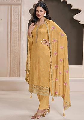 Yellow Embroidered Silk Kurta Set 