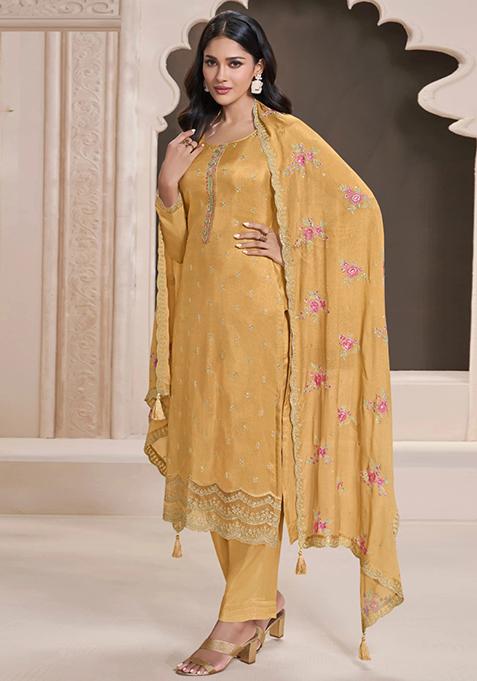 Yellow Embroidered Silk Kurta Set 