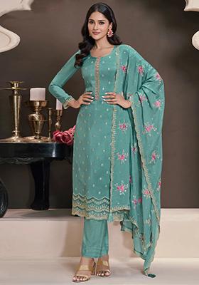 Sky Blue Embroidered Silk Kurta Set 