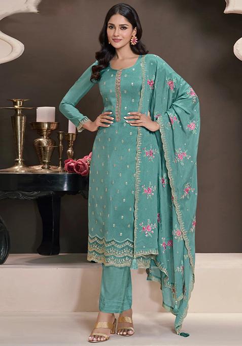 Sky Blue Embroidered Silk Kurta Set 