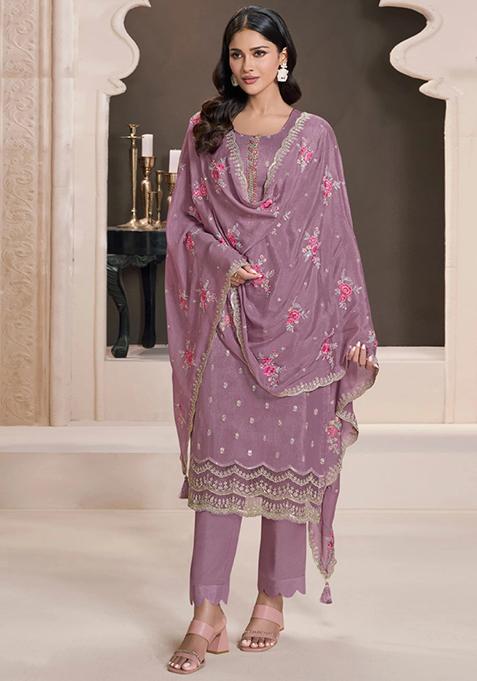 Violet Embroidered Silk Kurta Set 