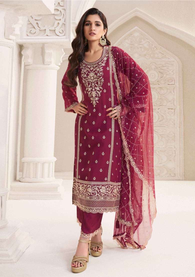 Maroon Embroidered Chiffon Salwar Kameez - Indya