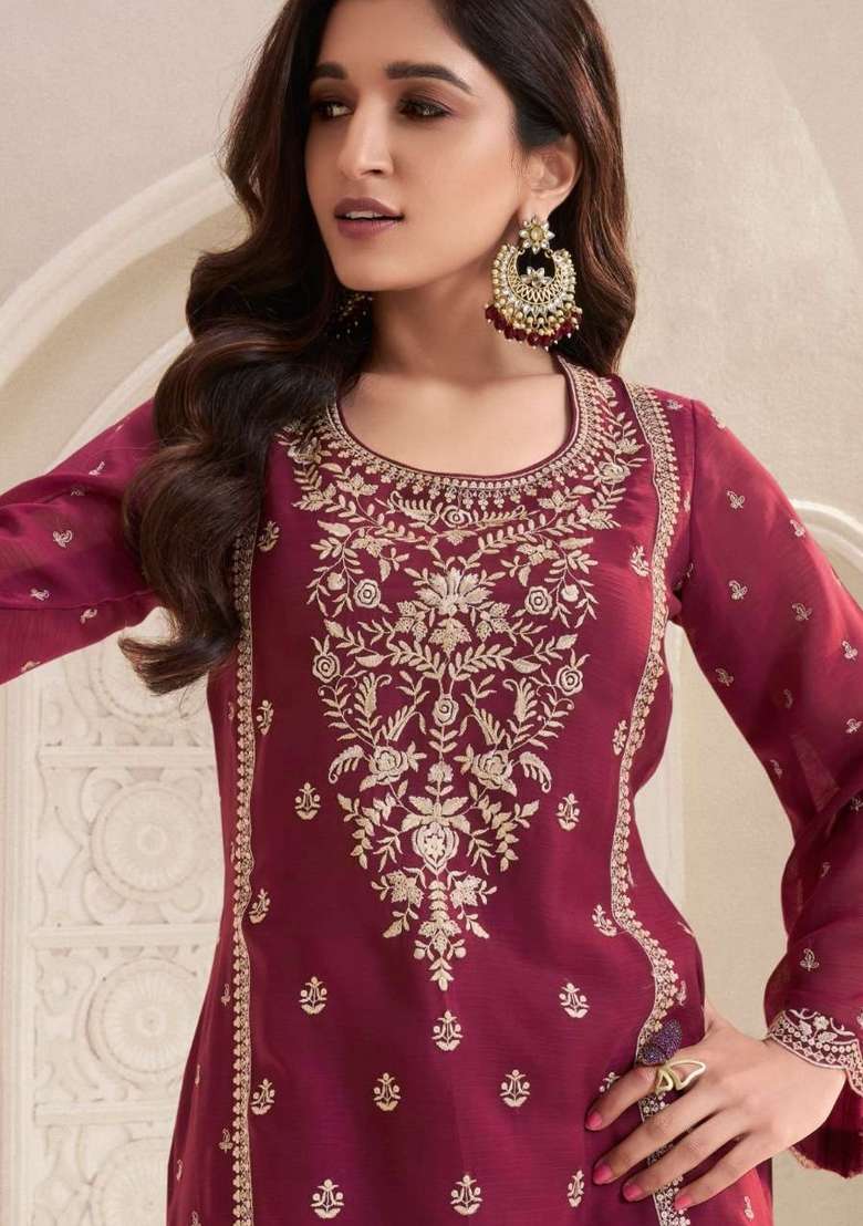 Maroon Embroidered Chiffon Salwar Kameez - Indya