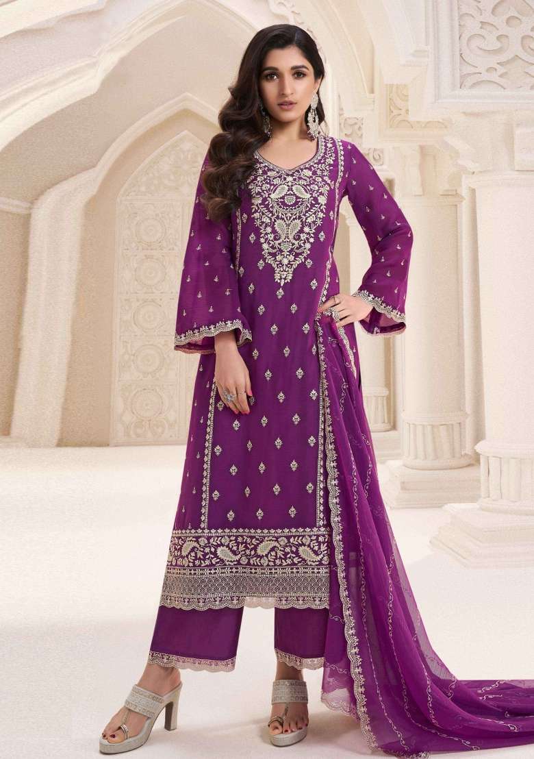 Purple Embroidered Chiffon Pakistani Suit Set - Indya