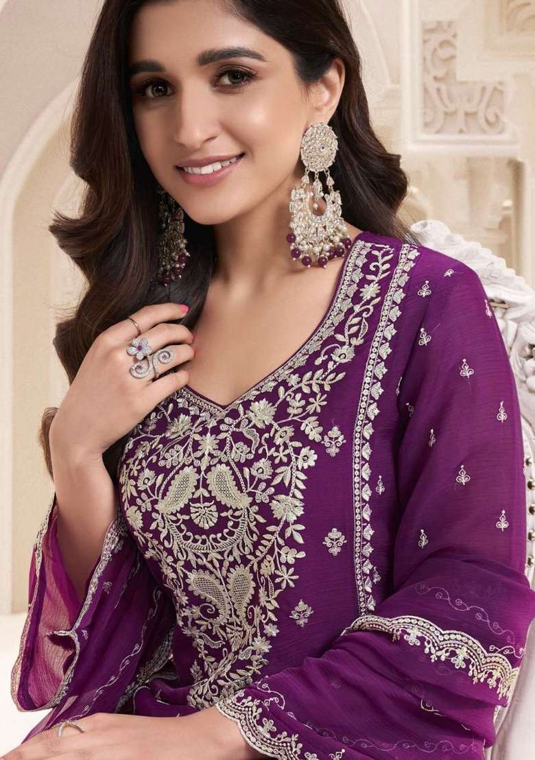Purple Embroidered Chiffon Pakistani Suit Set - Indya