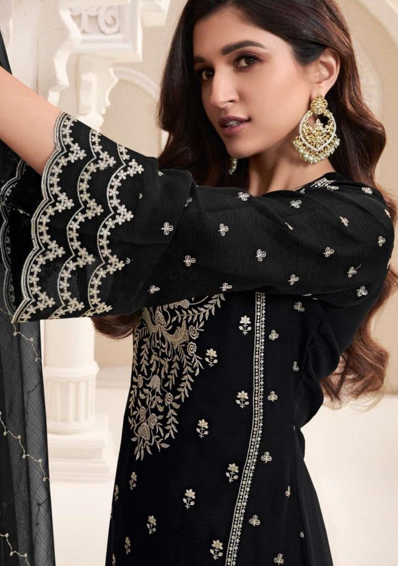 Black Embroidered Chiffon Salwar Kameez - Indya