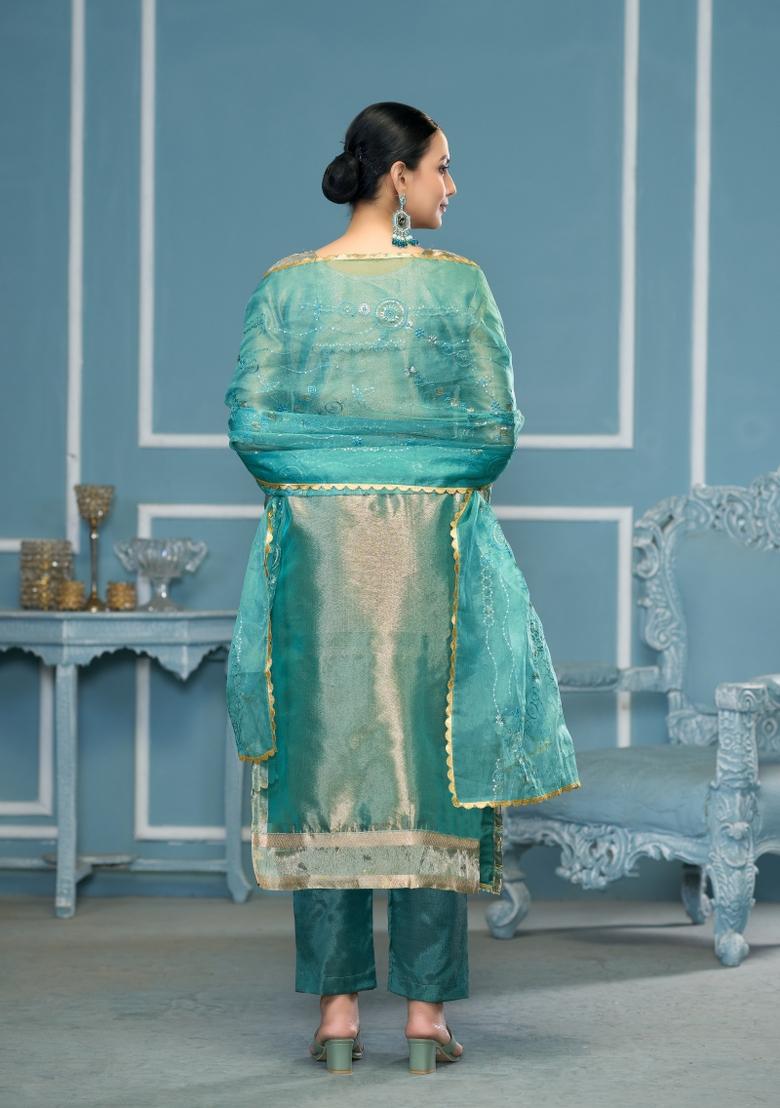 Blue Woven Organza Salwar Kameez - Indya