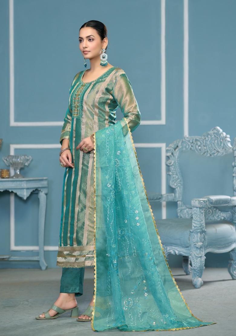 Blue Woven Organza Salwar Kameez - Indya