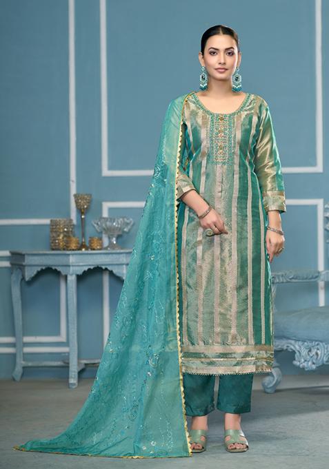 Blue Woven Organza Salwar Kameez