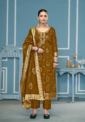 Mustard Yellow Woven Banarasi Salwar Kameez