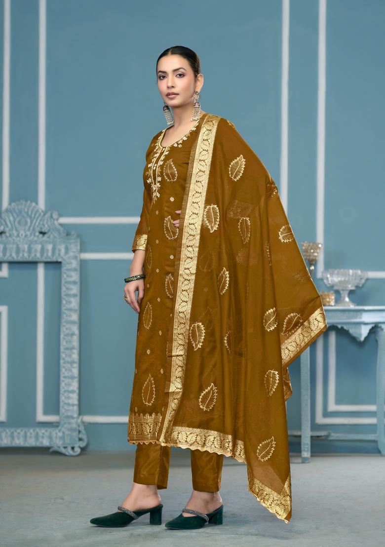 Mustard Yellow Woven Banarasi Salwar Kameez - Indya