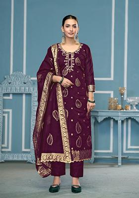 Wine Woven Banarasi Salwar Kameez