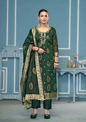 Green Woven Banarasi Salwar Kameez