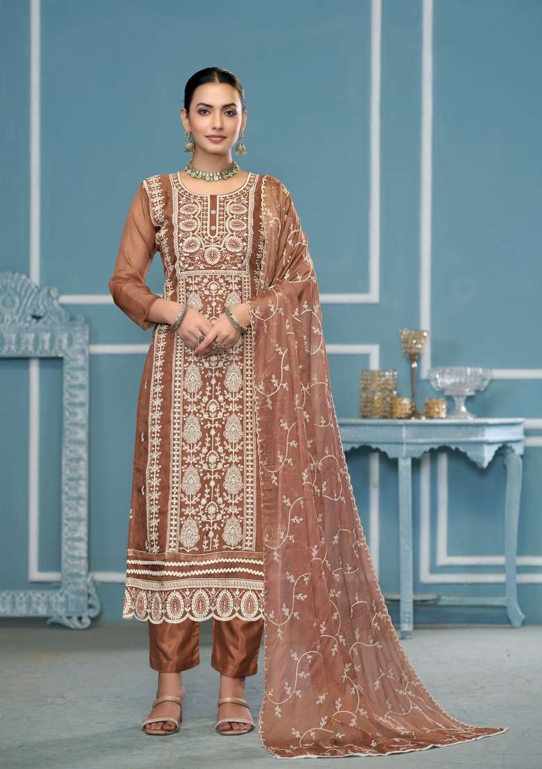 Brown Embroidered Organza Pakistani Suit Set - Indya