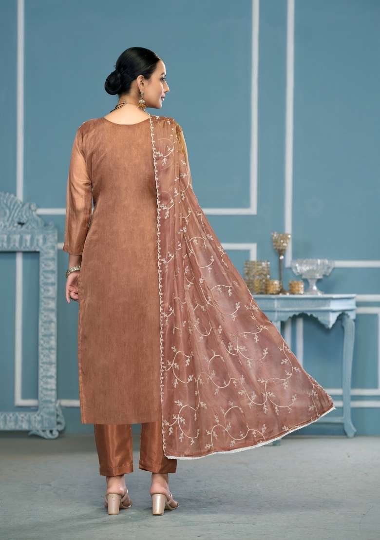 Brown Embroidered Organza Pakistani Suit Set - Indya
