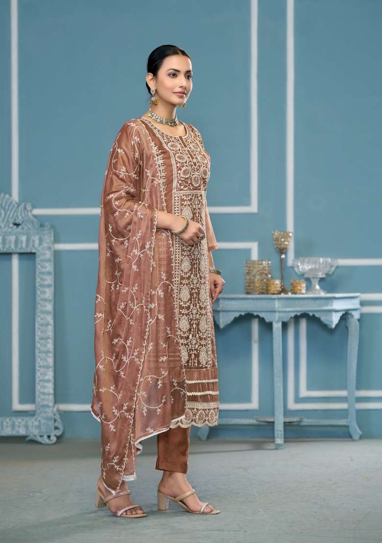 Brown Embroidered Organza Pakistani Suit Set - Indya
