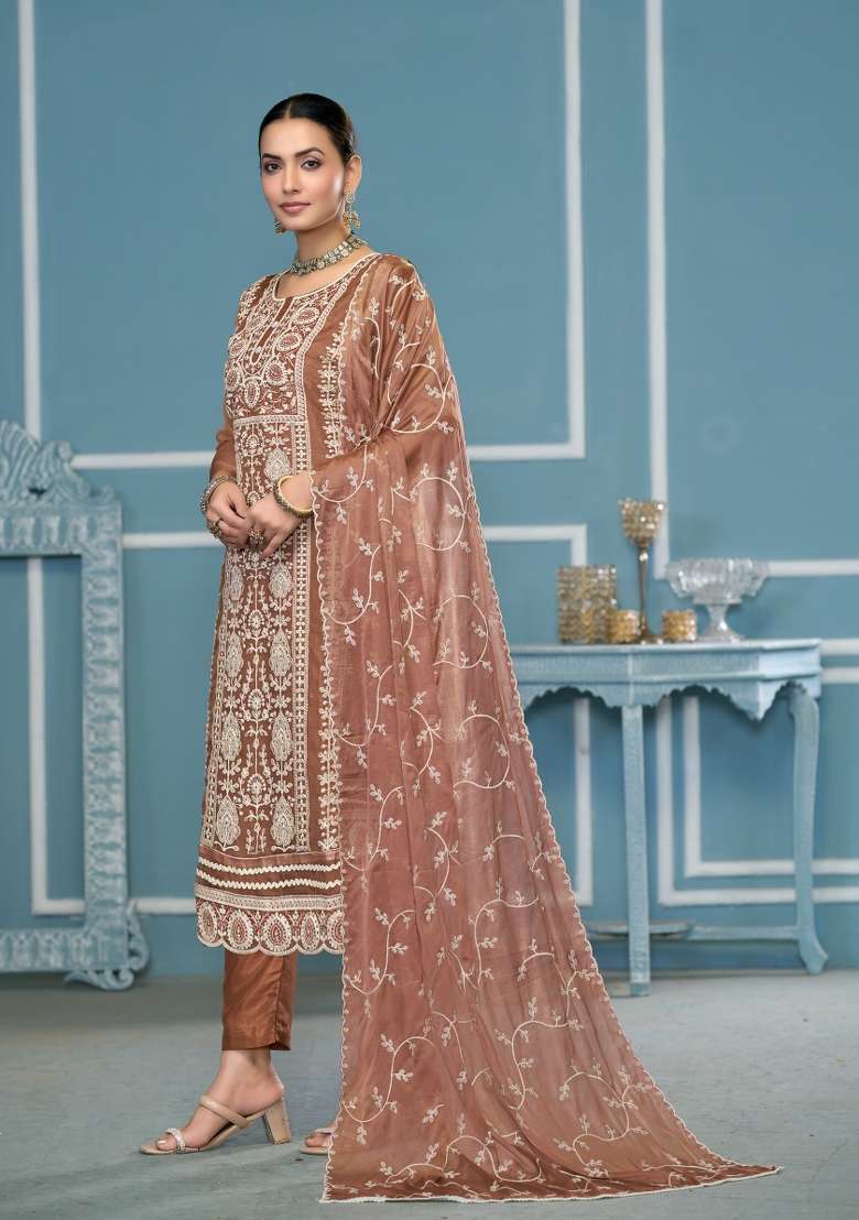 Brown Embroidered Organza Pakistani Suit Set - Indya