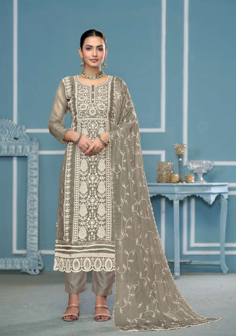Grey Embroidered Organza Pakistani Suit Set - Indya