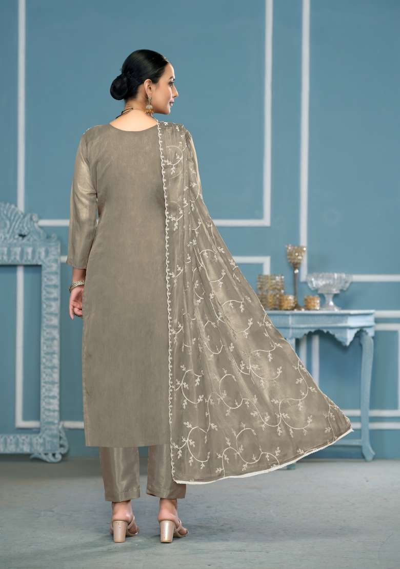 Grey Embroidered Organza Pakistani Suit Set - Indya