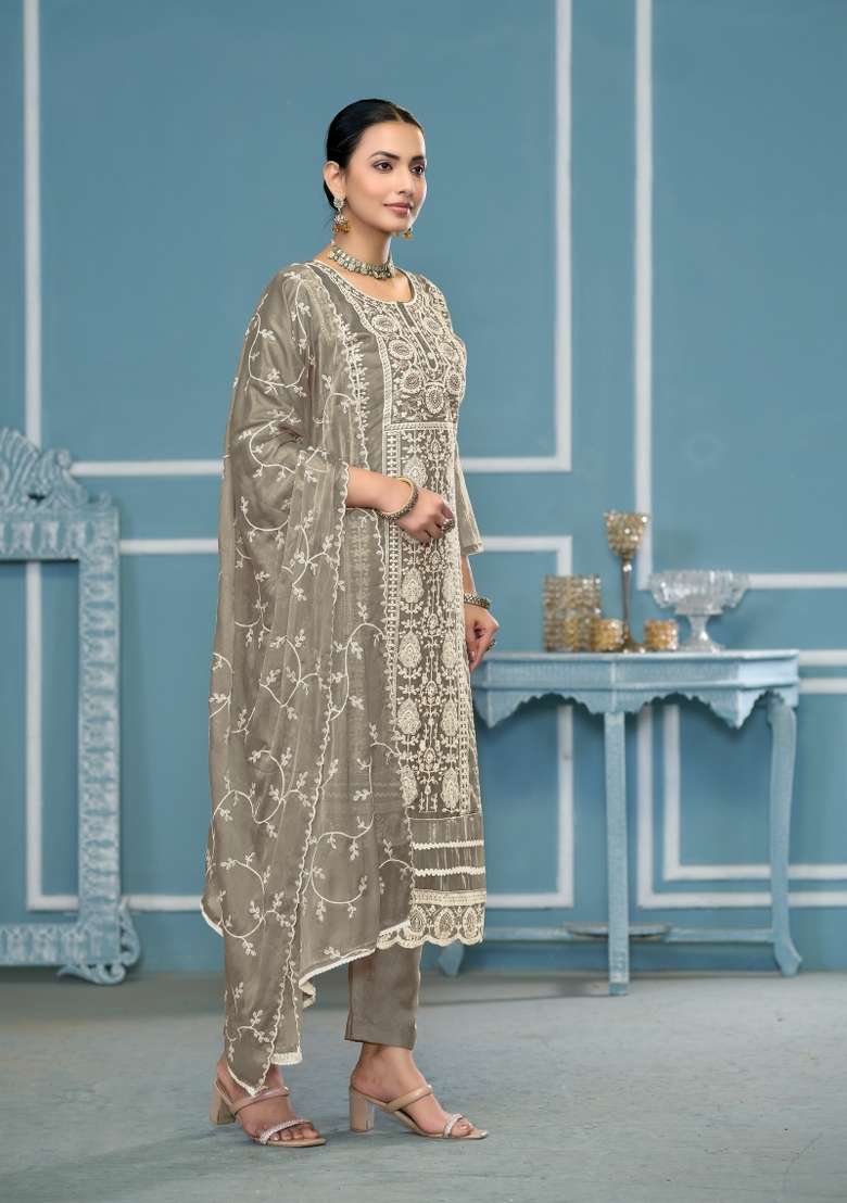 Grey Embroidered Organza Pakistani Suit Set - Indya