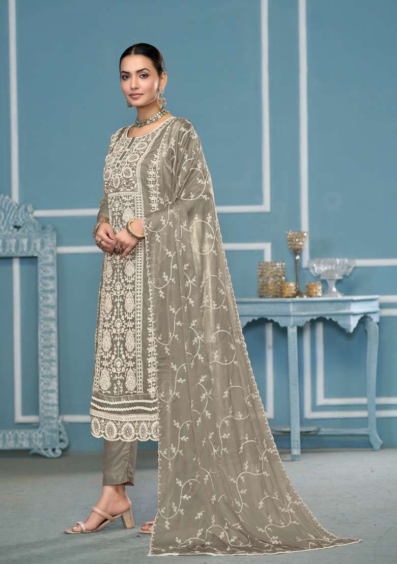 Grey Embroidered Organza Pakistani Suit Set - Indya