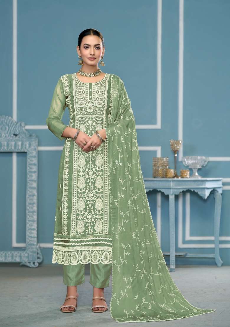 Green Chikankari Organza Pakistani Suit Set - Indya