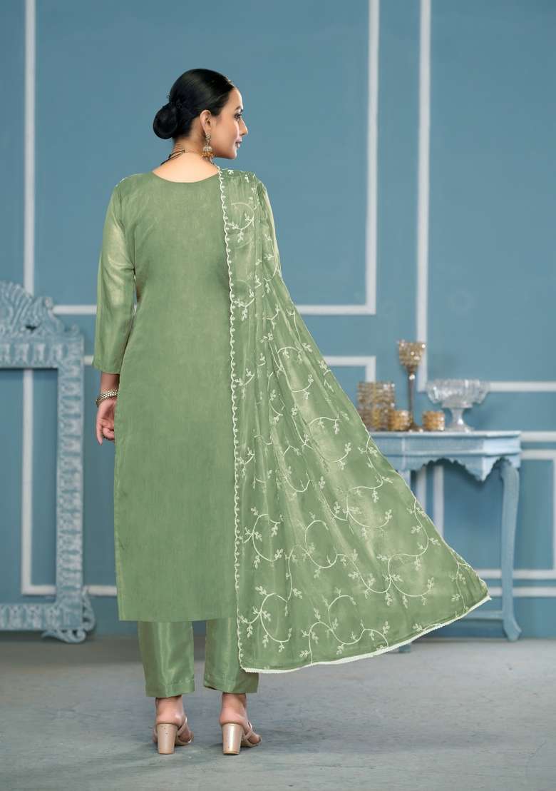 Green Chikankari Organza Pakistani Suit Set - Indya