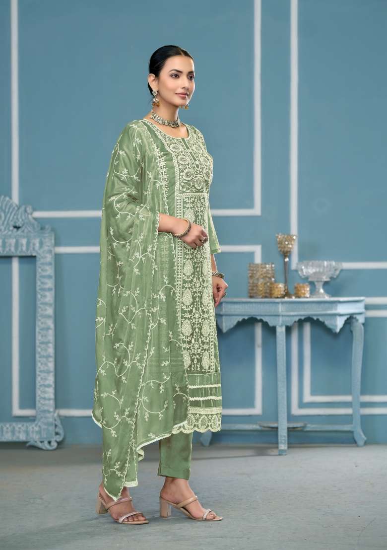 Green Chikankari Organza Pakistani Suit Set - Indya